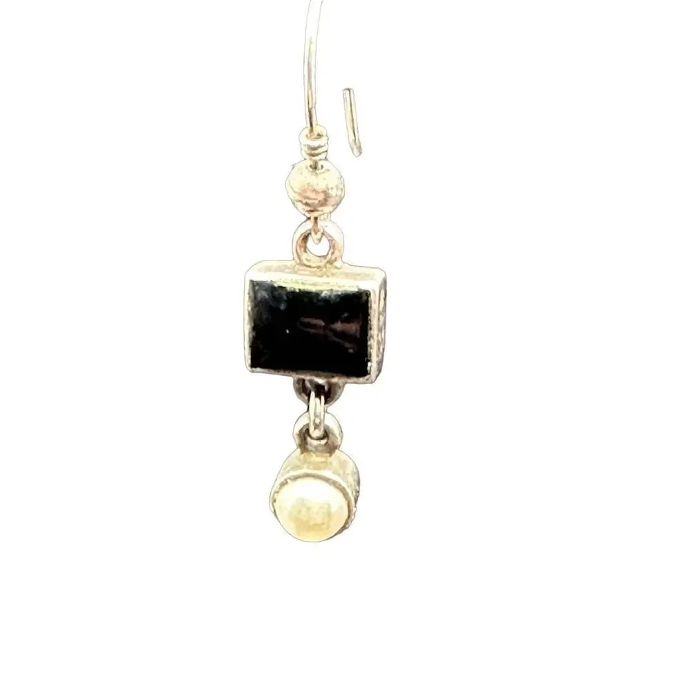 Sterling Silver Dangle Earrings Square Black Onyx with dangle faux pearl cabocho